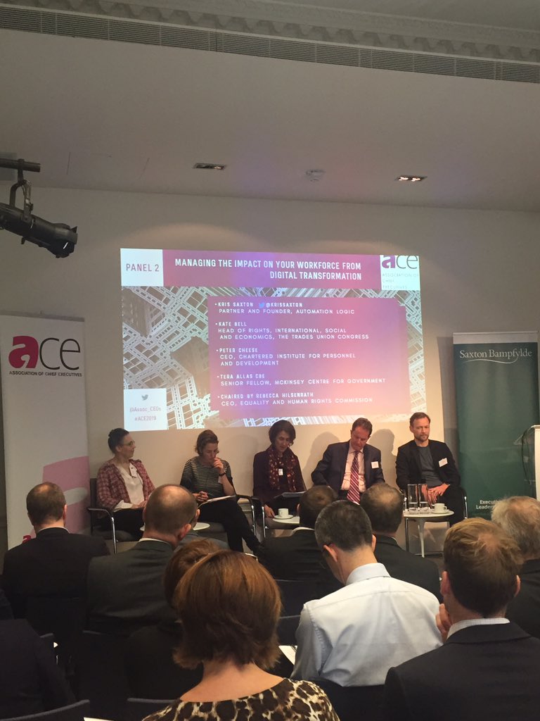 Assoc_CEOs's tweet photo. Next up at the #ace2019 conference on the future delivery of public services: How do we manage the impact on workforce? With our experts @KrisSaxton @Cheese_Peter @kategobell &amp; Tera Allas CBE #DigitalTransformation https://t.co/nHV7vi9Rf1