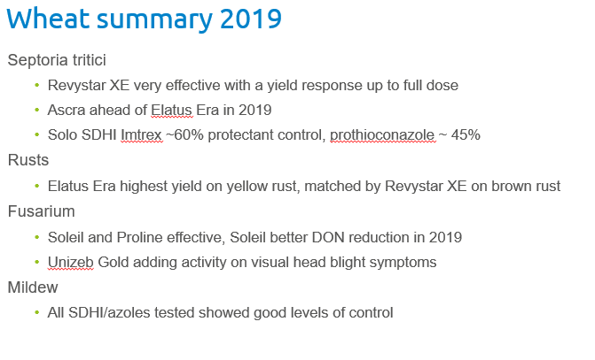 Jonathan focuses first on wheat: new product Revystar XE is very effective on Septoria tritici &amp; brown rust, while Elatus Era is effective on brown rust. Against Fusarium Soleil &amp; Proline are effective while SDHI/azoles showed good level of control on mildew #AgConf19