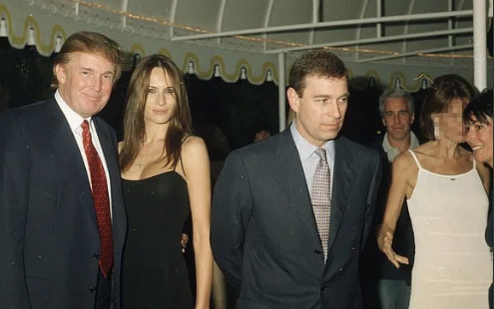 paulwaugh's tweet image. This pic in particular could prove very tricky. It seems to feature Ghislaine Maxwell (on the far right), Epstein, Andrew and the Trumps.