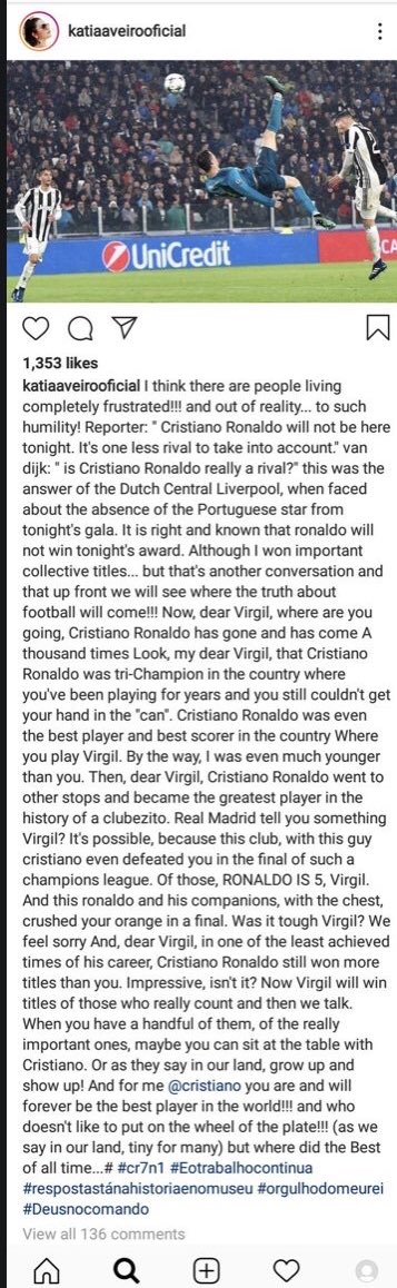 Ronaldo’s sister went to write this on her Instagram after Van Dijk’s joke last night.
