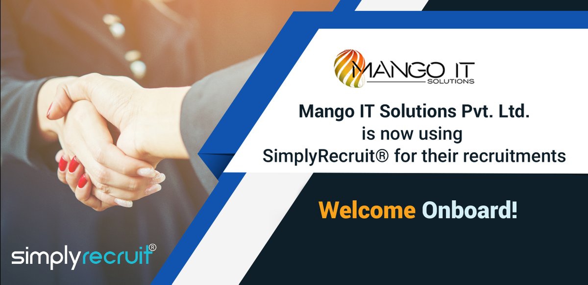 simplyrecruitSR's tweet photo. Mango IT Solutions Pvt Ltd is now using #SimplyRecruit® for their #recruitment.
We are glad to welcome on board!
Request your free 1 month trial @ https://t.co/BxrPxoYArD
#Hiring #ResumeBank #india #hr #HumanResource #startup  #marketing #hr #digitalmarketing #startups https://t.co/cQa64kFiOt