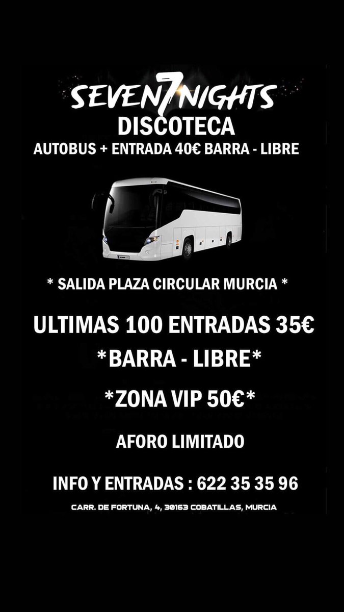 CacioBoatParty's tweet photo. 🚩ULTIMAS ENTRADAS À  35€ BARRA LIBRE 🚩 

🚍 40€ BARRA LIBRE CON CON AUTOBÚS IDA Y VUELTA, SALIDA DESDE  PLAZA CIRCULAR MURCIA 😱

🎄¿Dónde vais a pasar la nochevieja mejor  que en #DISCOTECA SEVEN NIGHTS 🎄

🛑Cualquier duda no dudéis en preguntármela.
Reservas: 678 22 48 87 https://t.co/6Y3YwZFmhc