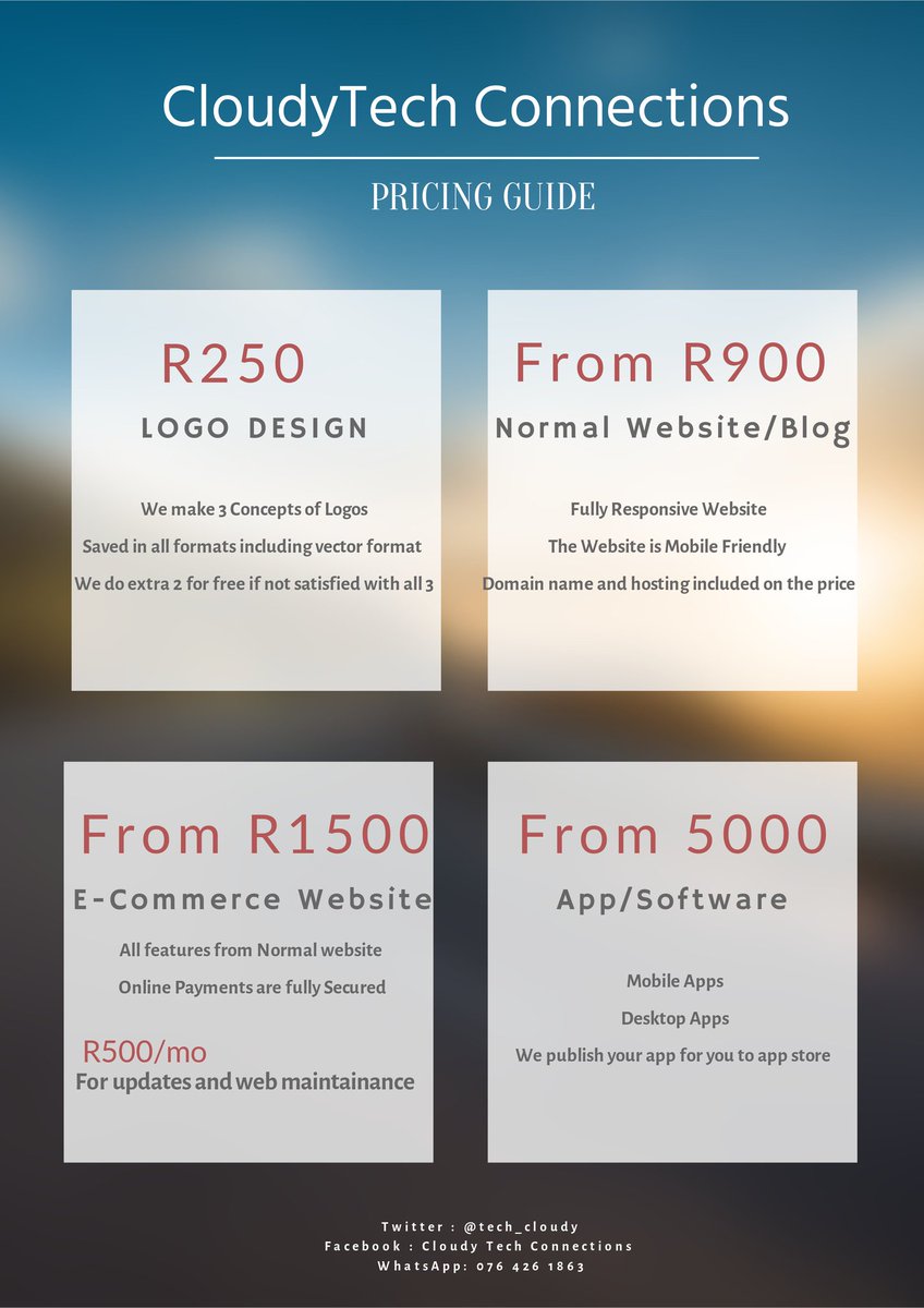 tech_cloudy's tweet photo. Get a Logo for only R250 and a website from only R900
DM or WhatsApp us
#WeCodeForAChange #CTC https://t.co/FSjUPeT9I1