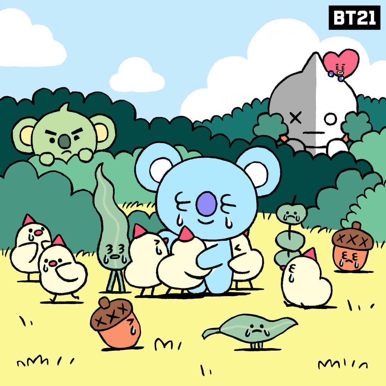 Bt21 Japan Official 悲しいお別れ 涙ポロポロ また会おうね お別れ ヤキモチ Koya Van Moya Baeby Leaf 森の仲間たち 幼い頃 Bt21 Universe Bt21 T Co Lszc7guabl Twitter