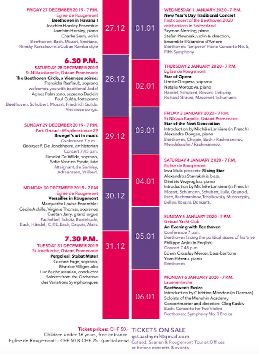 Gstaad's New Year Music Festival starts with Joachim Horsley's Beethoven in Havana, onstage with violinist Charlie Siem on Friday 27.12.2019 through to the Menuhin Academy soloists playing Beethoven on Monday 6.1.2020. Welcome to the Swiss Alps -