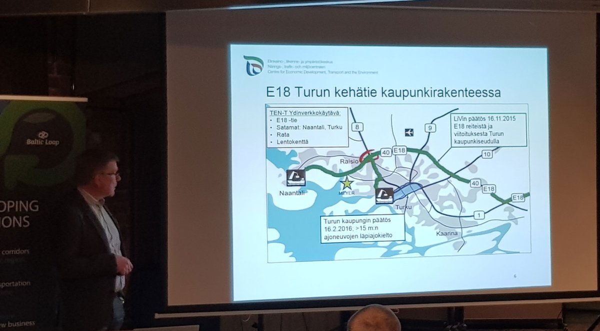 CentralBaltic's tweet photo. How are the transport bottlenecks visible on E18 in Finland? Jukka Laine @DBSchenker and Tero Siitonen @SKALry provide insights in the #BalticLoop seminar. Getting in and out fast from harbours is essential for good flow of cargo. @Transport_EU https://t.co/HKRaz7sbkV