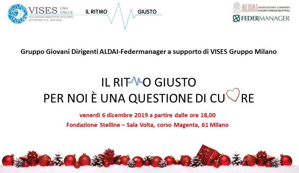 "Il Ritmo Giusto per noi è una questione di cuore"
<a href="/ALDAI_Mi/">ALDAI-Federmanager</a> ti aspetta il #6dicembre alle ore 18 alla Fondazione Stelline per il progetto "Il Ritmo Giusto" di <a href="/vises_onlus/">Vises ETS</a> con donazioni di #Valentino #TODs e #Luxottica 

Per info e registrazione ow.ly/XLkJ50xnDcW