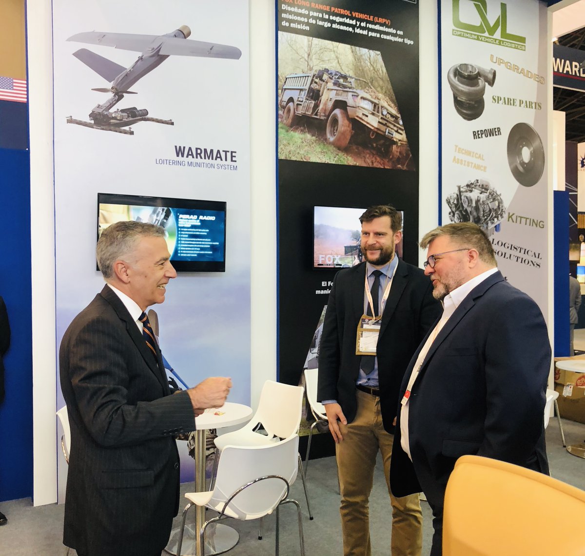 WBGroup_PL's tweet photo. WB Group America’s President briefs the US Ambassador to Colombia, Philip Goldberg on the Company’s #C4ISR, loitering munitions and reconnaissance capabilities during #Expodefensa2019 in #Bogota, #Colombia.
#WBAMERICA #Topaz #Fonet https://t.co/royiDrHIMr