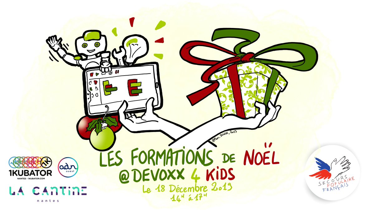 🤖💻👧La billetterie du <a href="/Devoxx4Kids/">Devoxx4Kids</a> du Mer. 18 Déc au profit du <a href="/SecoursPop/">Secours populaire</a>  à <a href="/nantesfr/">Ville de Nantes</a> est ouverte! 
Au programme pour les enfants de 7 à 12 ans : du code, des robots et du fun!!! bit.ly/2OHuTty @adnouest <a href="/fddadnouest/">FdD ADN'Ouest</a> <a href="/CantineNantes/">La Cantine Numérique</a> @1KNantes <a href="/1Kubator/">1KUBATOR</a> <a href="/ClemenceRouart/">Clémence Rouart 👍🔝</a>