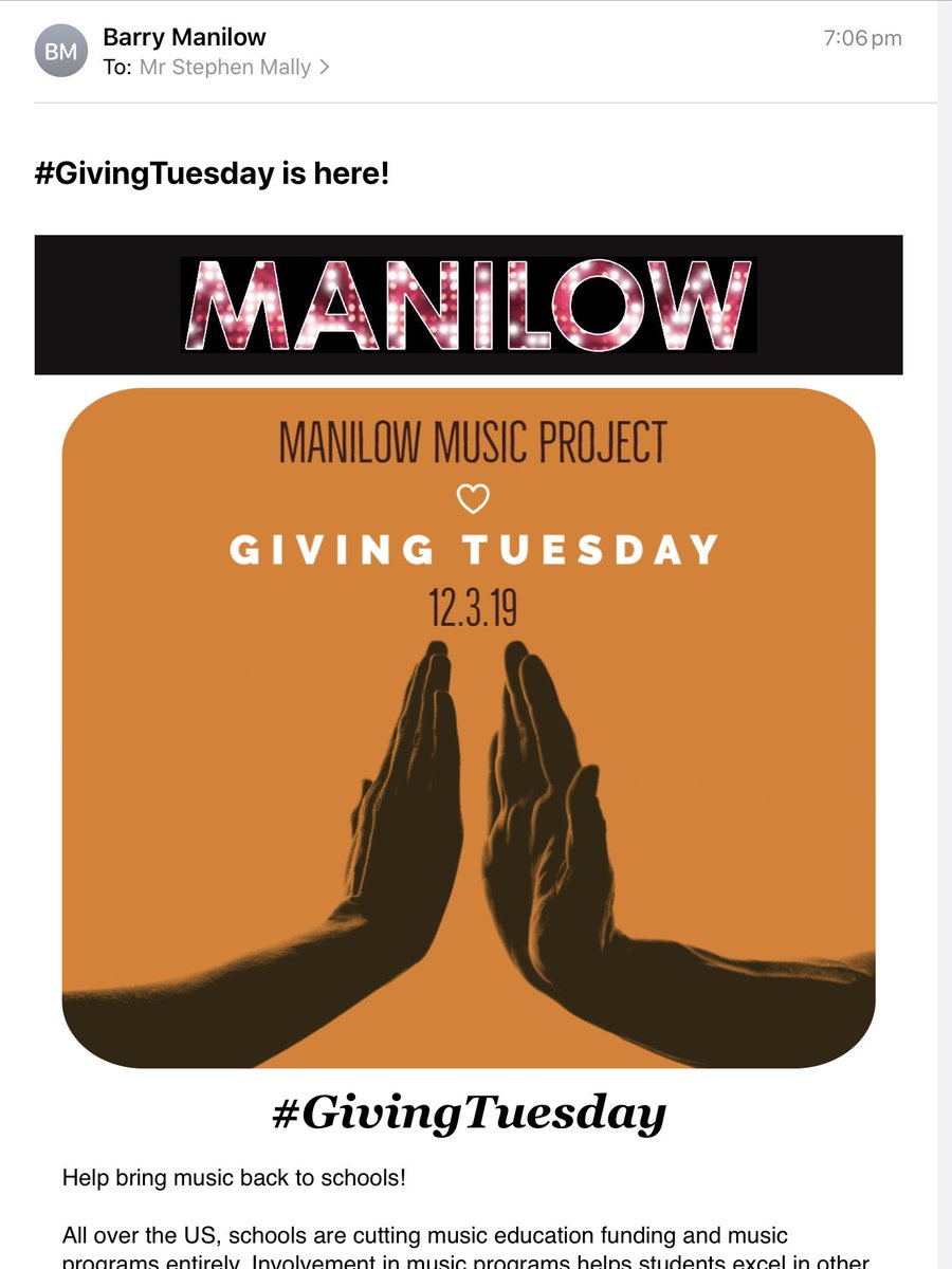 smmally's tweet photo. Event @barrymanilow is participating in #GivingTuesday! I just received an email from him (OK, his staff) asking for a gift to the #ManilowMusicProject! At the Copa! https://t.co/2uiIwgVaOe