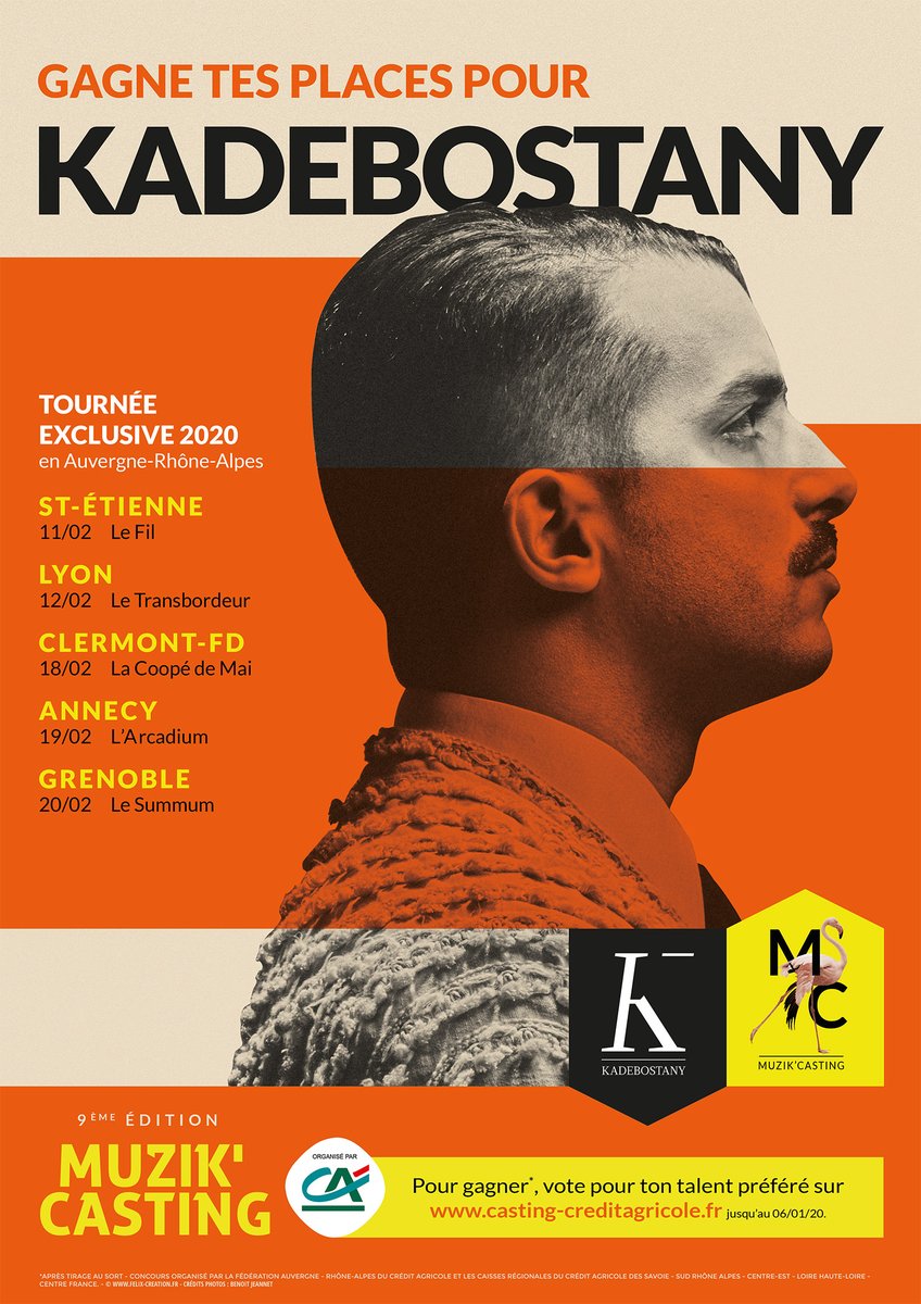 Muzik'CASTING by #CréditAgricole vous invite aux concerts de <a href="/Kadebostany/">Kadebostany Republic</a> à #SaintÉtienne, #Lyon, #ClermontFerrand, #Annecy et #Grenoble ⚡️

Gagnez vos places en votant pour votre artiste préféré sur casting-creditagricole.fr 🙂