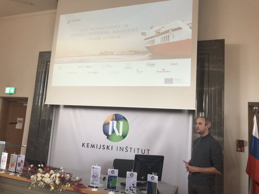 FReSMe_EU's tweet photo. The CCU technologies in energy intensive industries workshop is taking place in Ljubljana today. In the picture, Blaz Likozar from @kemijski introduces this FReSMe workshop and the work being carried out by the consortium #CCU #methanol #EC https://t.co/Ss2zKusbJY