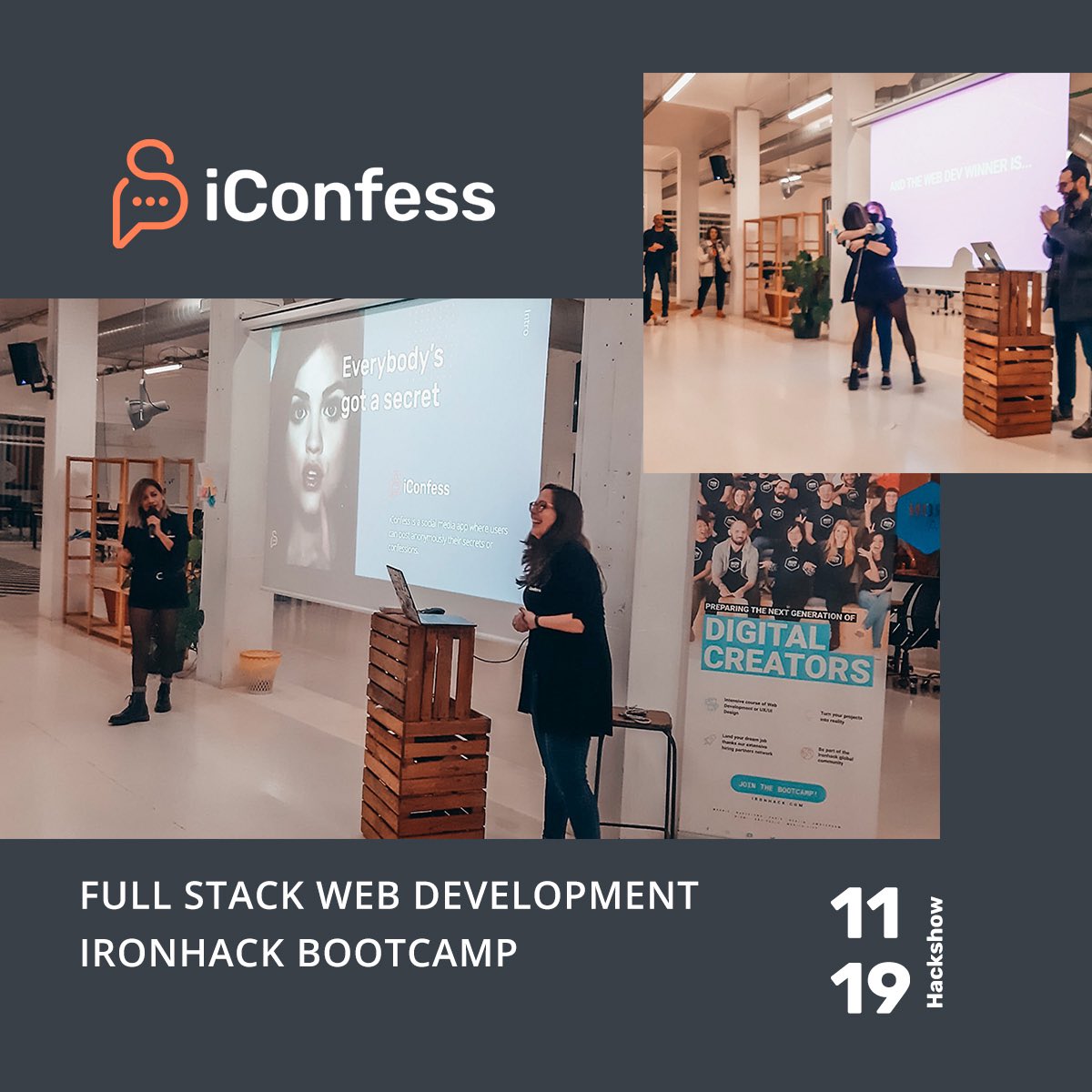 mcrishernandez's tweet image. Our app iconfess won the best web/dev project in @IronhackBCN hackshow! so happy 🥳 @AleBausa #unicorndesigner #iconfess #hackshow #ironhacker #developer #designer