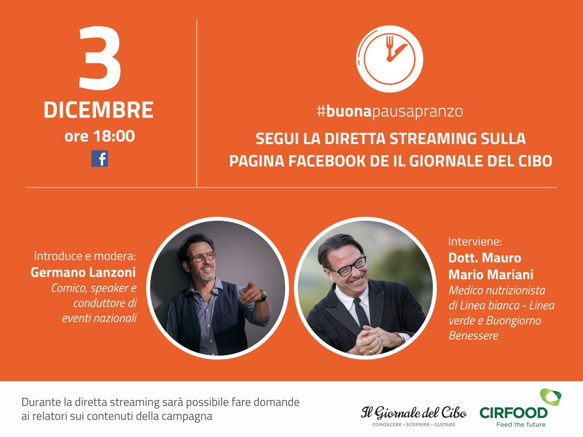 Oggi alle 18 presenteremo i risultati della campagna #BuonaPausaPranzo insieme a <a href="/GermanoLanzoni/">germano lanzoni</a>, <a href="/silviatrigilio/">silvia trigilio</a>, <a href="/silviazeta5/">silviazeta</a>, <a href="/MMarioMariani/">Mauro Mario Mariani</a> e Elena Bauer. Avete delle domande? Scriveteci e seguite la diretta sulla nostra pagina Facebook: facebook.com/giornaledelcib…