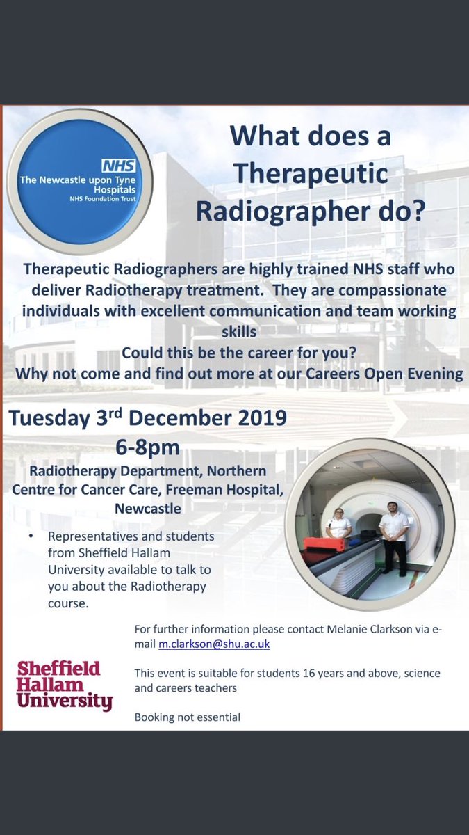 Tonight 6-8pm Therapeutic Radiographer Career Open Evening @NcccOncology @NuthPracticeEd @developnuth @NewcastleHosps @mclarkson20