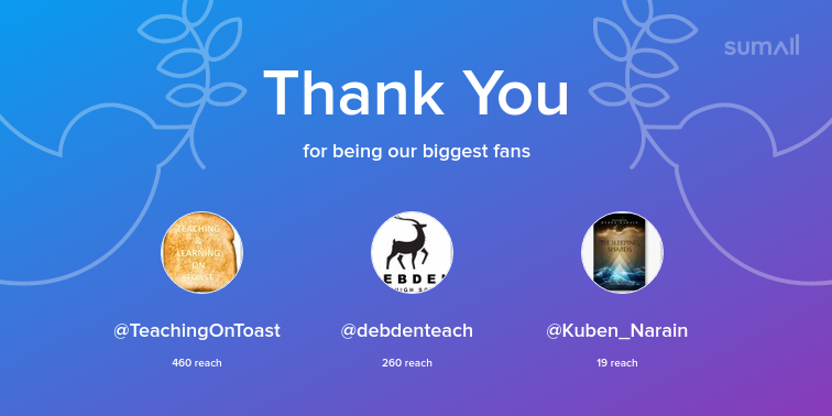 Our biggest fans this week: TeachingOnToast, debdenteach, Kuben_Narain. Thank you! via sumall.com/thankyou?utm_s…