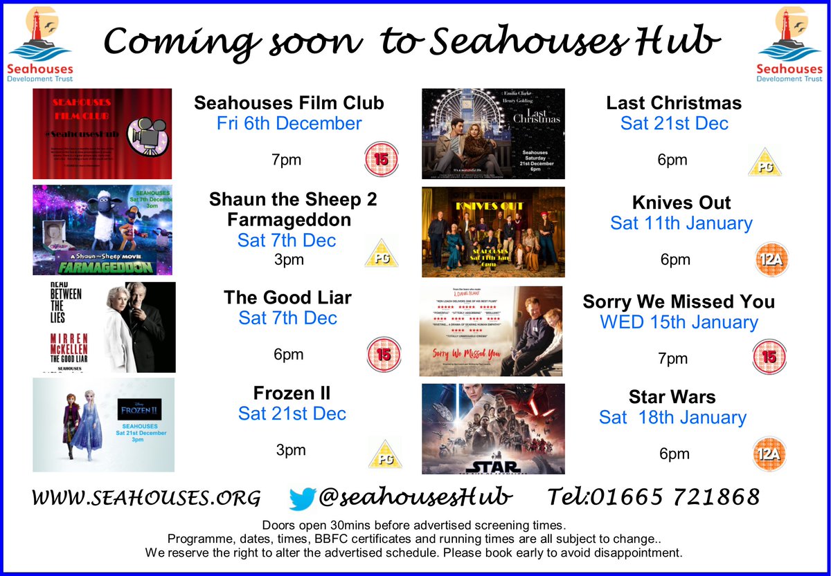 Loads of fantastic #Films coming soon to #SeahousesHub Community Cinema. #Seahouses #Northumberland #KnivesOut #RiseOfSkywalker #SorryWeMissedYou #SeahousesFilmClub #TheGoodLiar #Farmageddon #LastChristmas <a href="/alnwickgazette/">Northumberland Gazette</a>
#Frozen2 seahouses.org T.721868 for info/tkts.