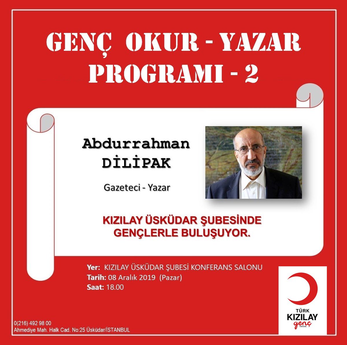Genç Okur-Yazar Programımız tüm hızıyla devam ediyor. Bu hafta Abdurrahman Dilipak’ı şubemizde ağırlayacağız. Programımıza tüm gençlerimiz davetlidir.
#SensizOlmaz
#iyigeleceksin
