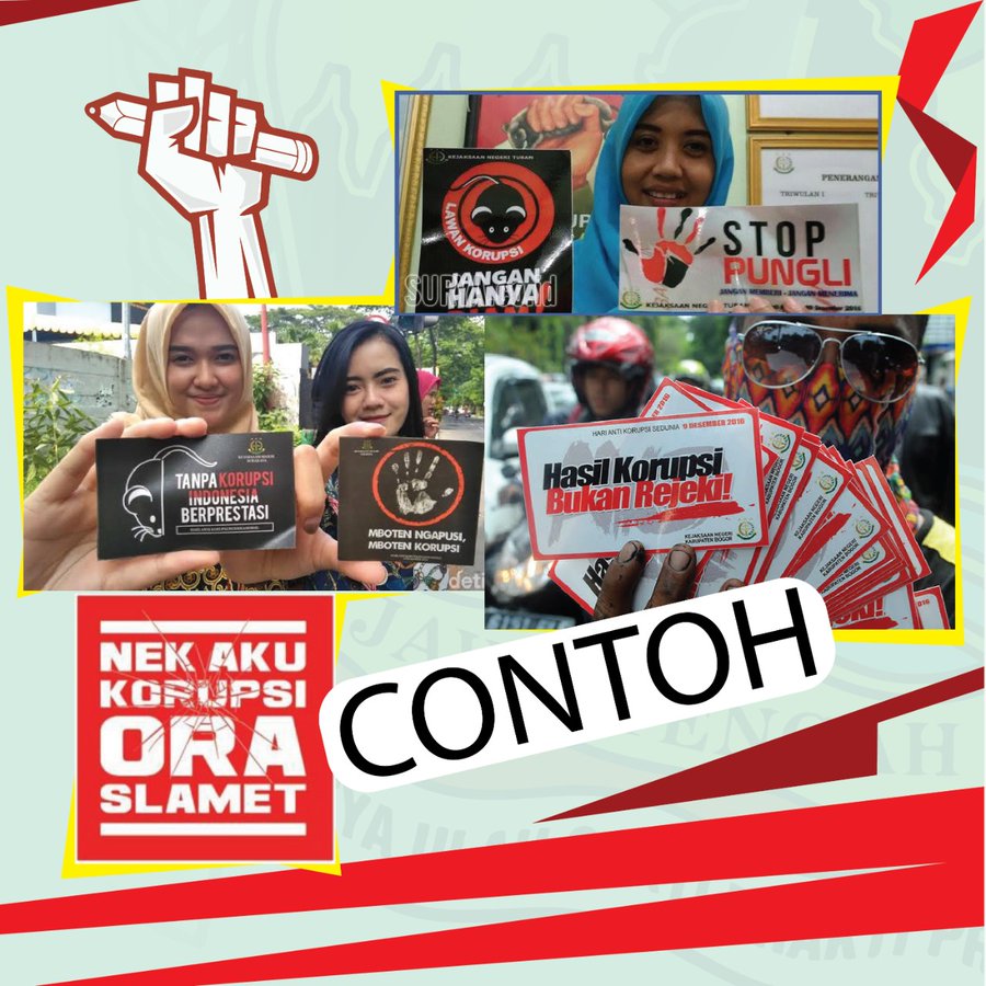 Suka buat desain? Peduli dengan gerakan anti korupsi?

Ayo, saatnya kamu tampil dengan ikut sayembara sticker anti korupsi #JatengLawanKorupsi.

Jangan lupa baca syarat dan ketentuannya ya....

Tetep Mboten Korupsi Mboten Ngapusi 👍🤗