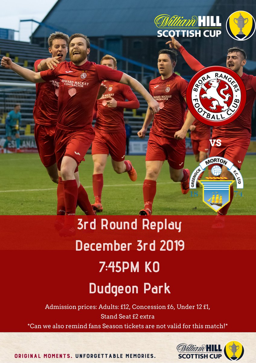 MATCHDAY
Tonight we host <a href="/Morton_FC/">Greenock Morton</a>  in a <a href="/ScottishCup/">Scottish Gas Scottish Cup</a> 3rd round replay in what is one of the biggest matches in the club's history.
We hope to see as many of you there as possible to cheer the boys on.
ADMISSION PRICES:
Adults £12
Concessions £6
Under 12s £1