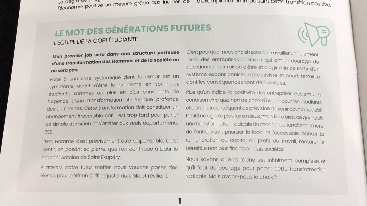 Le mot des générations futures ! La <a href="/COP1Etudiante/">COP 1 Étudiante</a> en introduction de la 3ème édition du Baromètre de la Positivité des entreprises du CAC40. « Mon premier job sera dans une structure porteuse d’une transformation des hommes et de la société ou ne sera pas. » #cop1 <a href="/SKEMA_BS/">SKEMA Business School</a>