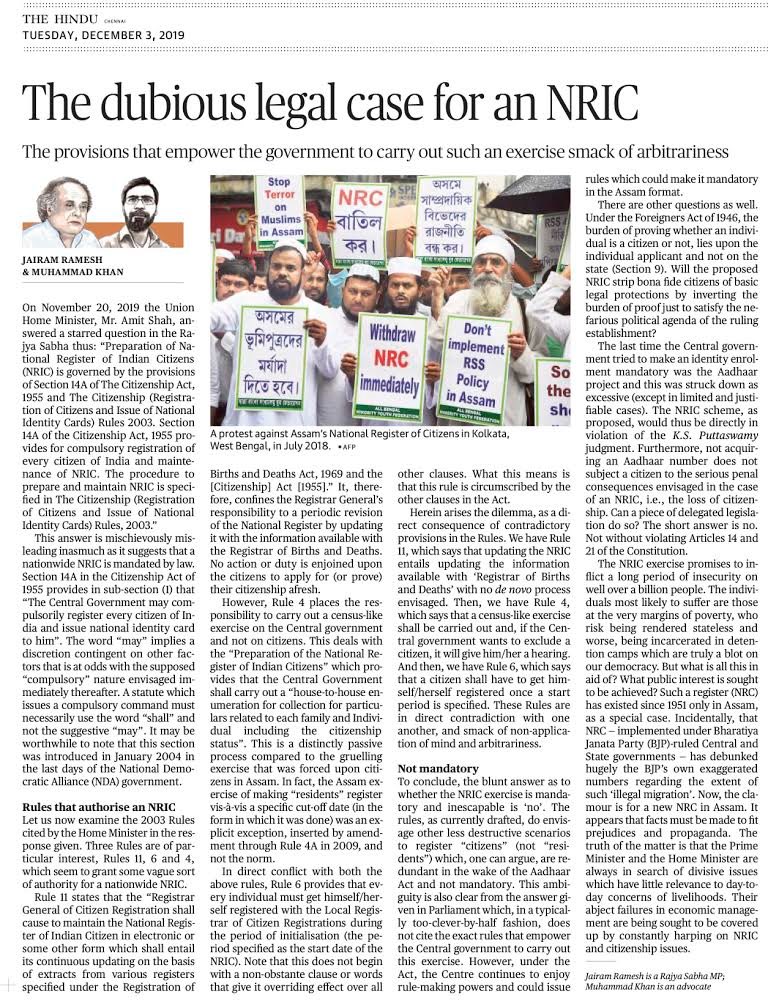 lawyerkhanmd's tweet photo. Mr @Jairam_Ramesh ji and I write in today’s @the_hindu about the dubious legal backing for the NRC.

Our contention; Contrary to what @AmitShah suggests, there is absolutely no legal compulsion to visit an arbitrary ‘’Assam style’ NRC on the rest of the nation. https://t.co/BDtntFYjOc
