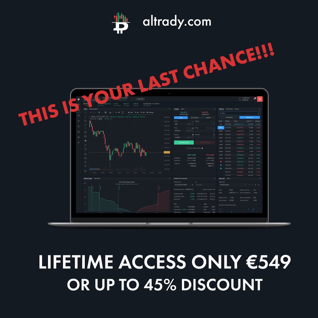 altradyapp's tweet image. Your last chance!!! Less than 11 hours before this deal closes! Visit altrady.com/bf now!

#altrady #cryptobasescanner #cryptotrading #cryptocurrency #bitcoin #bitcointrading #bitcoinprice #btc #eth #altcoins #cryptosignals #cryptoscanner #cryptotool