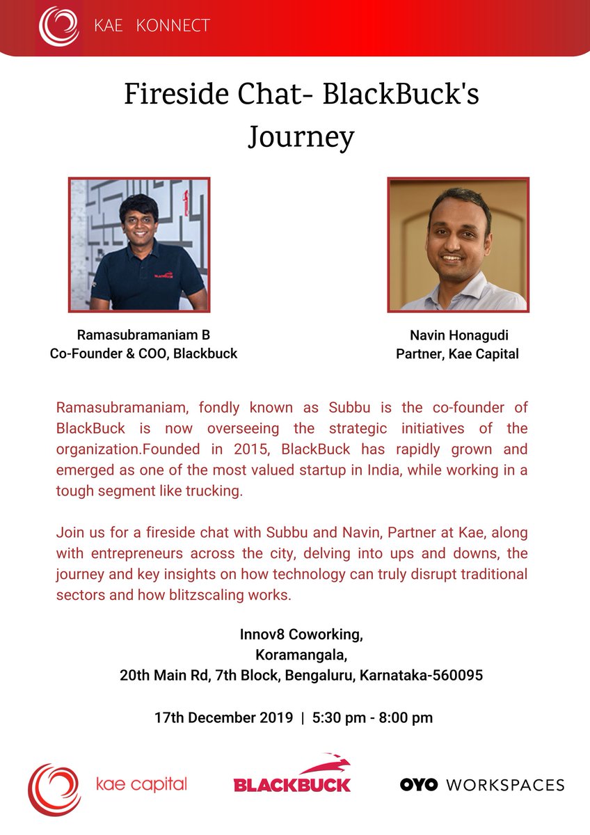 KaeCapital's tweet image. Join us for Kae Konnect Series Event on 17th December for an insightful Fireside Chat with Ramasubramaniam B &amp;amp; Navin Honagudi about BlackBuck's Journey.

@navinhonagudi @blackbuck 

#KaeKonnect #OyoWorkspaces #BlackBuck 

RSVP here:  forms.gle/TJNkojxFk6UNE7…