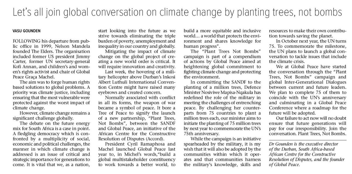 Global Peace's Founder, Dr Vasu Gounden, recently wrote an Op Ed in the <a href="/pretorianews/">Pretoria News</a> on our latest campaign: #PlantTreesNotBombs