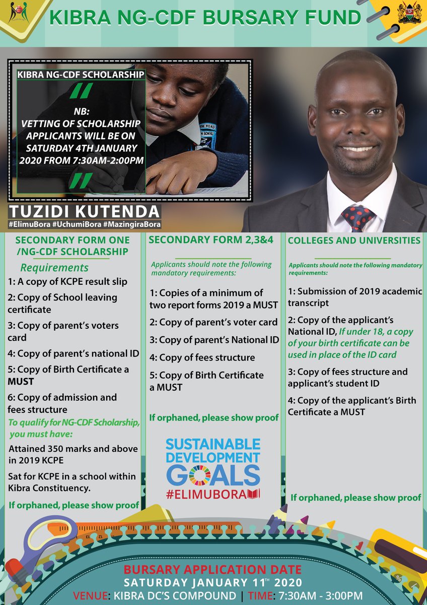 <a href="/KibraNGCDF/">Kibra NG-CDF</a>  Bursary Funds application process will take place on 11th January , 2020.

Scholarship vetting will take place on  4th, January, 2020 courtesy of Hon. <a href="/ImranOkoth/">Benard O. Okoth-Imran</a>

#MbelePamoja #TuzidiKutenda #ElimuBora #UchumiBora #MazingiraBora