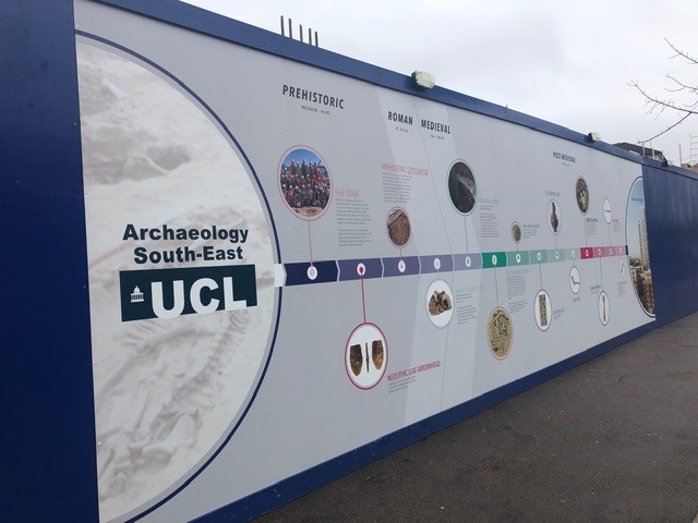 ArchSouthEast's tweet photo. New hoardings up around the #WhitechapelCentral development site, showcasing a timeline of some of the archaeological finds from the excavation! @mountanvil @HE_LondonAdvice #SceneSettingE1 https://t.co/r0fmjkmASo
