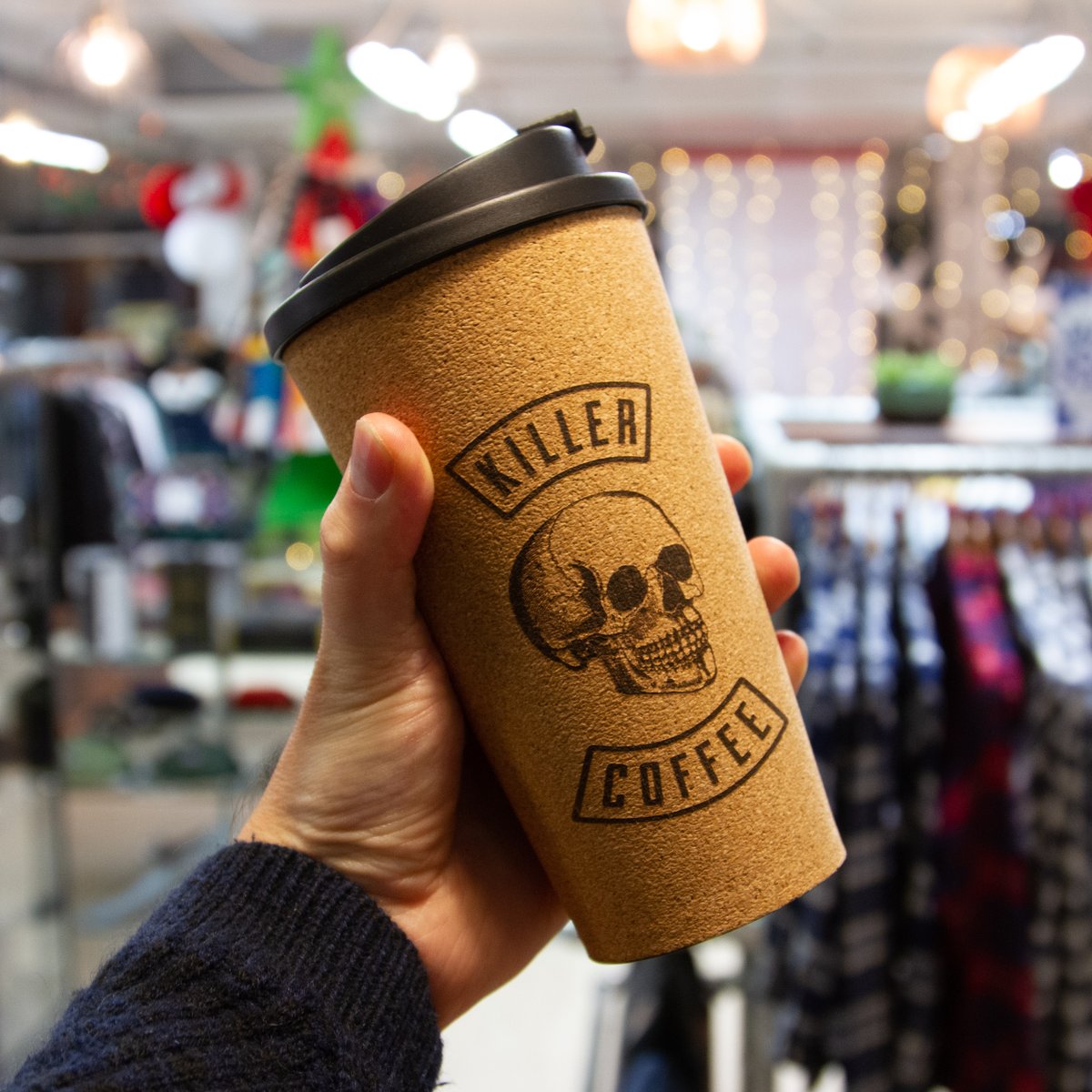 Grippy, on the go, anti-spill coffee cup. Simple. # killercoffee
.
.
.
#luckiesoflondon #ironandglory <a href="/ironandglory/">IRON & GLORY</a> <a href="/LuckiesOfLondon/">Luckies of London</a> #coffee #reusable #reducereuserecycle #cork #skull #cactws #wales #aberystwyth #shoplocal #christmasiscoming #coffeecup