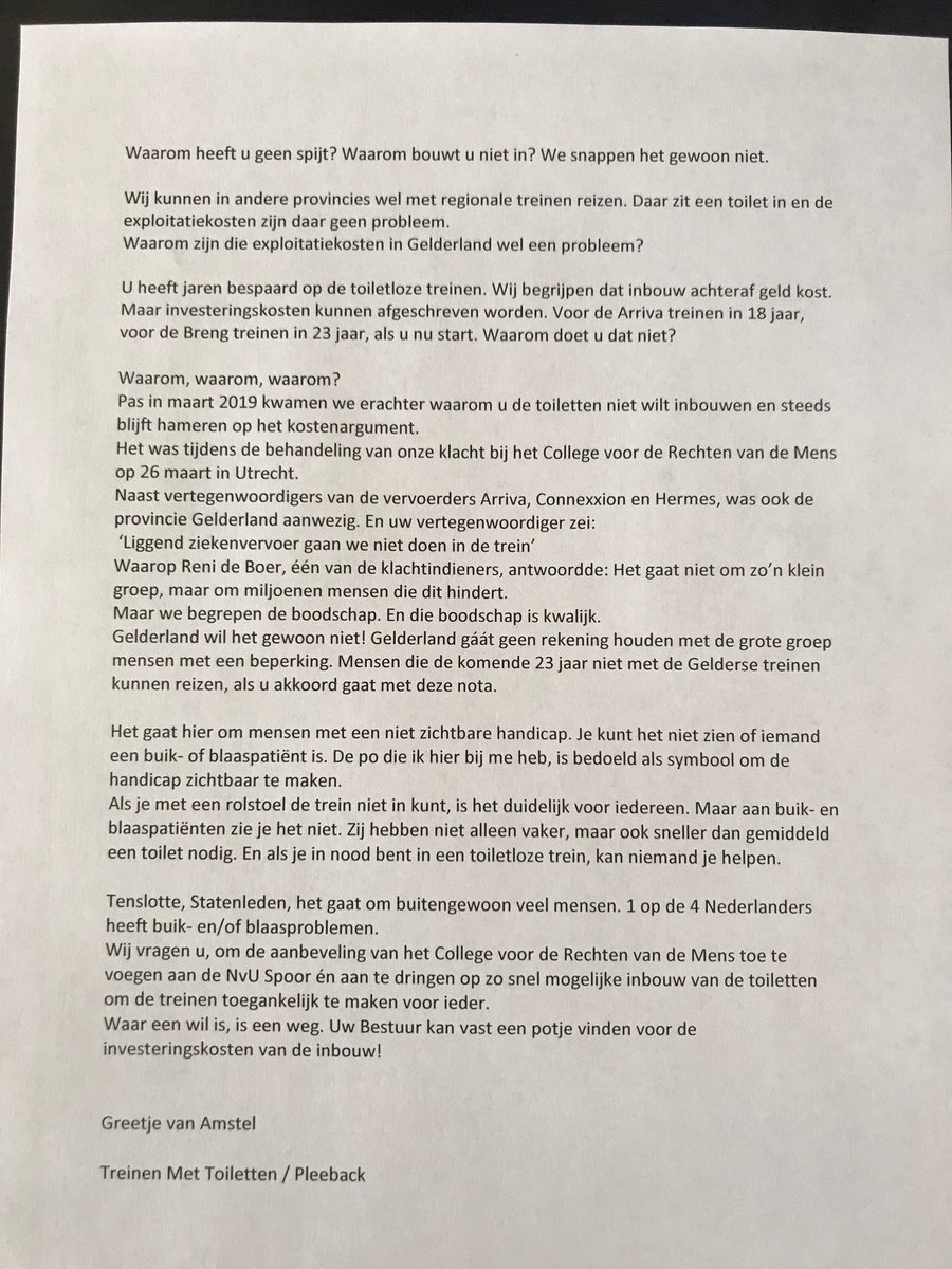 ‘Nog 23 jaar toiletloze treinen in Gelderland’? ⁦<a href="/D66/">D66</a>⁩ <a href="/Vera_Bergkamp/">Vera Bergkamp</a>⁩ ⁦<a href="/MandyKreuzen/">Mandy Kreuzen</a>⁩ maken zich al jaren sterk voor openbare toegankelijke toiletten 👏 Dan steunt ⁦⁦<a href="/d66gelderland/">D66 Gelderland</a>⁩ ons toch ook? Een trein zonder toilet is niet toegankelijk! #VNverdrag