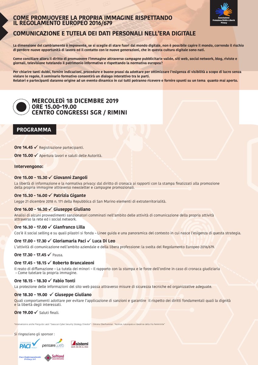 PaciStudio's tweet photo. Seminario Formativo 18 Dicembre 2019 - Rimini

Crediti Formativi garantiti da:
➡️Ordine dei Giornalisti
➡️Ordine degli Avvocati
➡️Ordine dei Commercialisti Italiani
➡️Ordine dei Commercialisti Sammarinesi
➡️Ordine dei Geometri
➡️Ordine dei Periti Industriali
➡️TUV Italia https://t.co/Btdr7YrNft