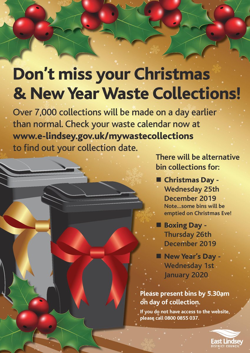 Don’t miss your Christmas and New Year Bin collections!
Over 7000 collections will be made a day earlier, some will be later.
Please check your bin collection days now at e-lindsey.gov.uk/mywastecollect…
#Checkyourday #Binsbinsbins