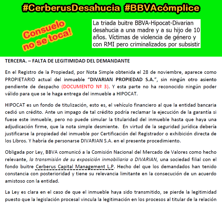 PAHAlcoSanse's tweet photo. A @BBVA
😱NO le importa que Consuelo sea víctima de violencia de género.
😱 NO le importa que Consuelo tenga una renta mínima, con un niño de 12 años.
Porque se ha aliado a un fondo buitre para que le haga el trabajo sucio 👺
#CerberusDesahucia #BBVAcómplice https://t.co/0rpuSfj52a