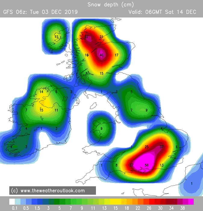 TWOweather's tweet photo. GFS 06z showing snow depths of 56cm in parts of southern England. The model has a reputation for being a "tad keen" when it comes to predicting snow and this will do nothing to change that -:) https://t.co/n67rDHSISj https://t.co/iJRp8y9BFM