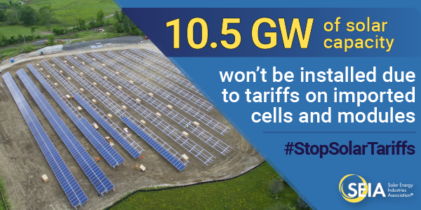 SEIA's tweet photo. In addition to hurting our economy, #solar tariffs have caused 10.5 GW of projects to be cancelled. Thar's enough to power 1.8 million homes and reduce 26 million metric tons of CO2. 

https://t.co/6xUyQVVfZC | #StopSolarTariffs https://t.co/FkiPuf4cCy