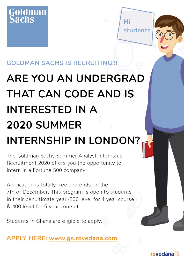 Codeln_spaces's tweet photo. 🇬🇭If you are an undergraduate and you can code, apply for Goldman Sachs Internship in London.

Apply here: https://t.co/fGLLxtGrgc
Deadline: 7th December, 2019

Eligibility: Students graduating in 2020 or 2021

#CodeLn #HRTech https://t.co/IKgt0MvZh5