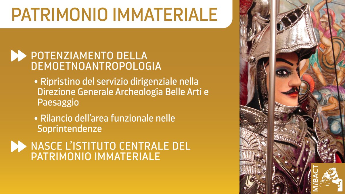 Nuova organizzazione #MiBACT, il ministro <a href="/dariofrance/">Dario Franceschini</a>: «Nasce l'Istituto Centrale del Patrimonio Immateriale. Potenziata la Demoetnoantropologia con ripristino servizio dirigenziale nella DG Archeologia Belle arti e Paesaggio e con rilancio area funzionale nelle Soprintenzende».