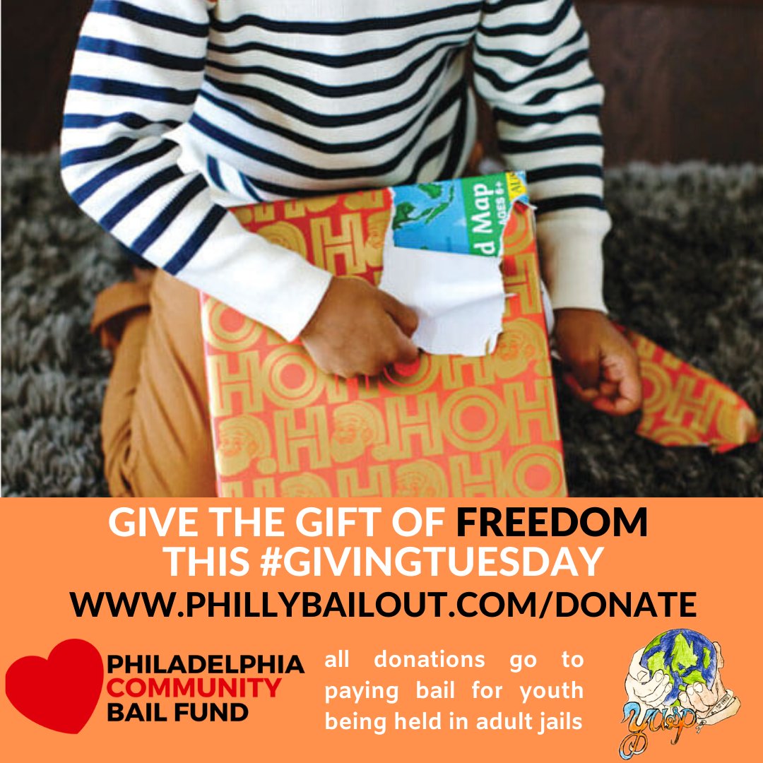 Phillybailout's tweet photo. This #GivingTuesday we are launching our Youth Holiday Bailout drive. Help bring children home from adult prisons by donating at https://t.co/uateAwNkyO. Every $ raised between now and Jan 3rd will help us bring a child home! #presentsnotprisons #endcashbail https://t.co/vChE73qNf0