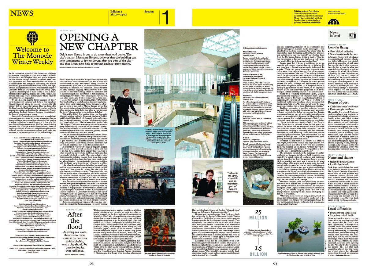 Progressive enviromental and societal ambitions for the new @deichman_oslo at Bjørvika explained by <a href="/MarianneBorgen/">Marianne Borgen</a> (Mayor of @Oslokommune) in <a href="/MonocleMag/">Monocle Magazine</a> - Winter Weekly #2. Another <a href="/LundHagem/">Lundhagem</a> <a href="/atelieroslo/">Atelier Oslo</a> collaboration. Opening Spring 2020.