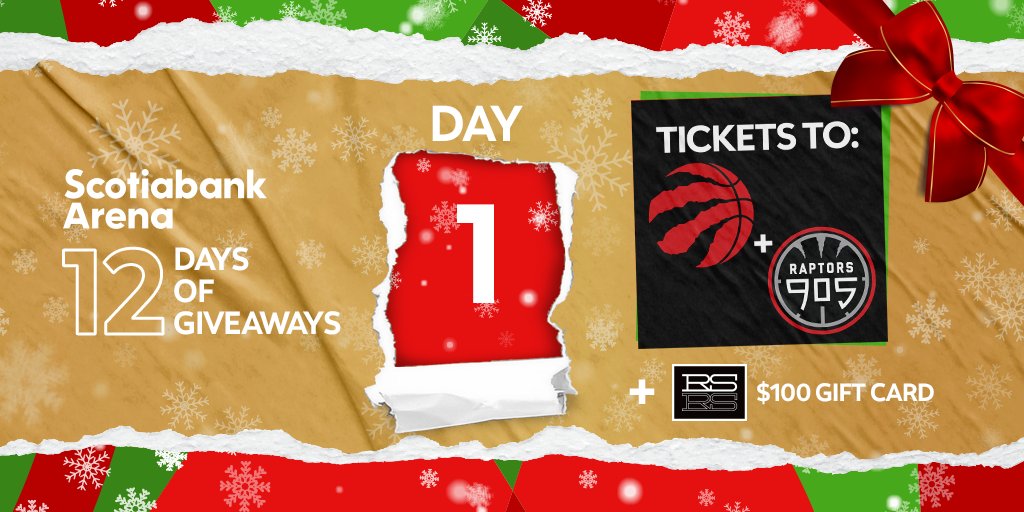 ScotiabankArena's tweet photo. It's DAY 1 of our 12 Days of Giveaways 🎁 

RETWEET THIS + FOLLOW for a chance to WIN tickets to a @Raptors game, tickets to a @Raptors905 game &amp; a $100 gift card to @rs_restaurant!

Rules: https://t.co/dXAVXC6RPr https://t.co/eHNxHmQGsi