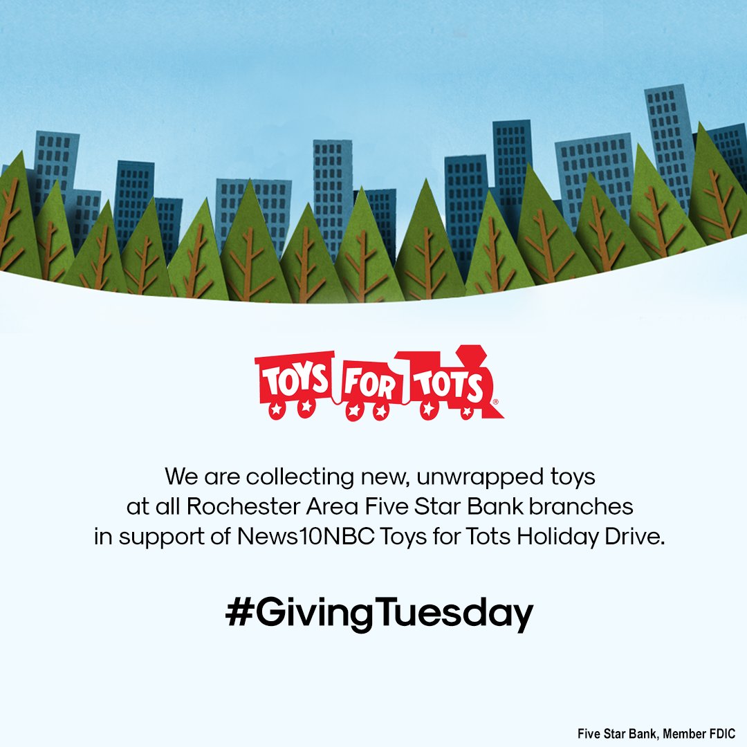 FiveStarBankNY's tweet image. The @news10nbc Toys for Tots is in full swing! Stop by any Rochester-area #FiveStarBank branch to donate a new, unwrapped toy for kids in need. Learn more about this great Holiday Drive: bit.ly/2LijGxo #GivingTuesday
