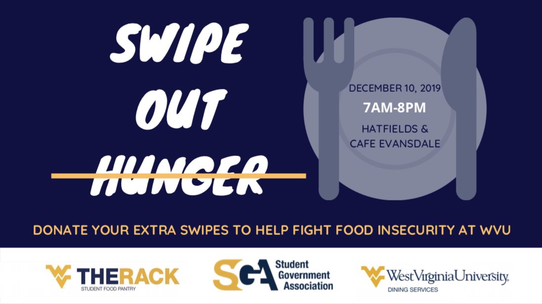 Swipe Out Hunger - 1️⃣ week away! If you aren’t using your extra swipes, help someone that needs them. Stop by to donate, next Tuesday in Hatfield’s and Cafe Evansdale from 7am-8pm 🍽