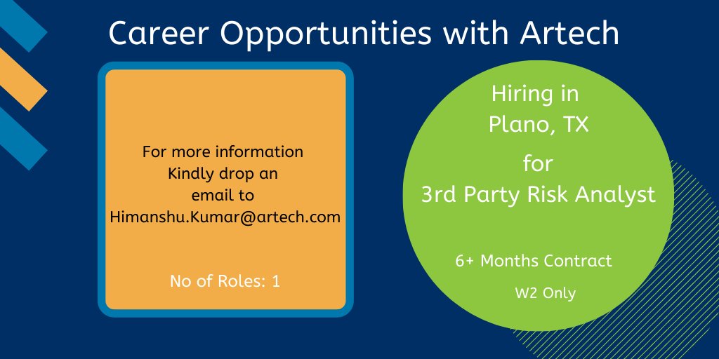 Looking for 3rd Party Risk Analyst in Plano, TX for a 6 months contract role with experience in Risk and Control Assessments.  #applytoday #Job #Jobs #Artech