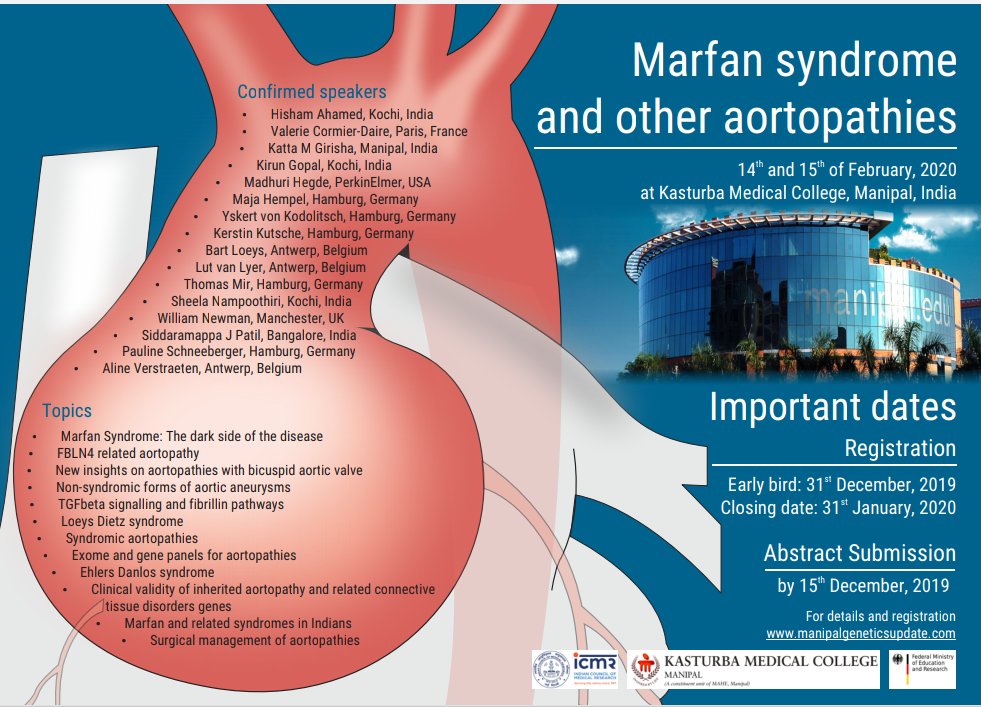Medical Genetics Manipal (@geneticsmanipal) on Twitter photo Join us for Manipal Genetics Update 6 on Marfan syndrome and other aortopathies (manipalgeneticsupdate.com/index.html)
<a href="/DrHVinodBhat1/">Dr H Vinod Bhat</a> <a href="/girishakatta/">Girish Katta</a> <a href="/DoRMAHE_Manipal/">Directorate of Research, MAHE, Manipal</a> <a href="/manipalblog/">ManipalBlog</a> <a href="/ManipalCon/">Manipal Conferences</a> <a href="/ManipalUni/">Manipal Uni</a> #Marfanawareness #MGU6 #genetics #healthcare #AcademicChatter Join us for Manipal Genetics Update 6 on Marfan syndrome and other aortopathies (manipalgeneticsupdate.com/index.html)
<a href="/DrHVinodBhat1/">Dr H Vinod Bhat</a> <a href="/girishakatta/">Girish Katta</a> <a href="/DoRMAHE_Manipal/">Directorate of Research, MAHE, Manipal</a> <a href="/manipalblog/">ManipalBlog</a> <a href="/ManipalCon/">Manipal Conferences</a> <a href="/ManipalUni/">Manipal Uni</a> #Marfanawareness #MGU6 #genetics #healthcare #AcademicChatter