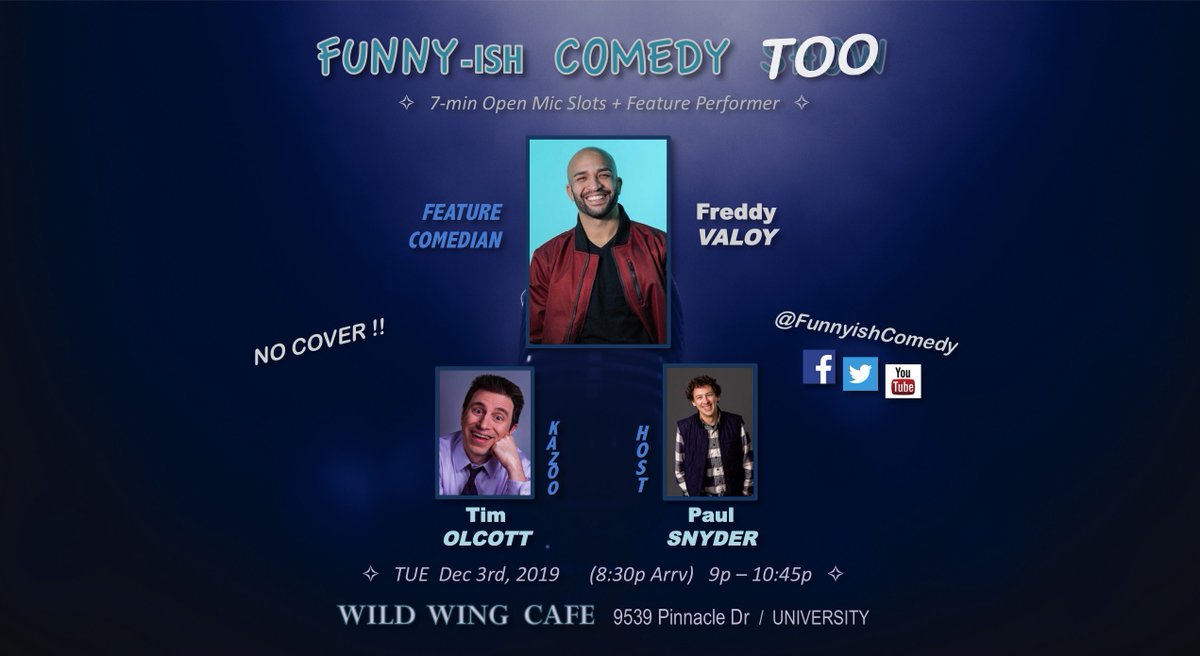 FunnyishComedy's tweet photo. CharlotteNC  8:30p 2nite
For #GivingTuesday, Giving a FREE show
@WildWingUNCC
#StandUp #Comedy #CLTcomedy
With: @paul_snyder #JackCrissey @freddyvcomic
Plus: #CobyDuong #LeahHedderick #DavidKiker #KellyVillmer #MarcQwuanReid
https://t.co/5WswbGP5hb https://t.co/pJ8FH26nbc