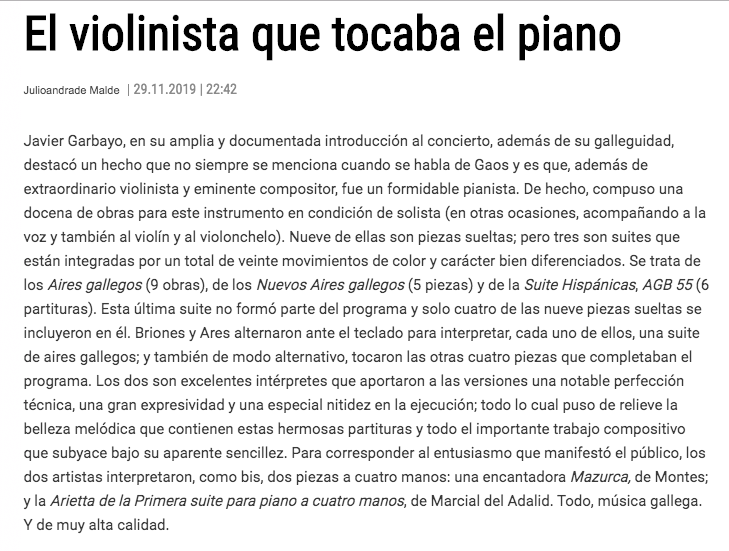 javiares's tweet photo. Moi agradecidos a Julio Andrade Malde pola crítica publicada en La Opinión A Coruña do concerto con música para piano de Andrés Gaos que realizamos o pasado 28 de novembro Jorge Briones e eu en Betanzos.
@laopinioncoruna  

https://t.co/BzPX8sPHaA https://t.co/ifu1lmpMVc