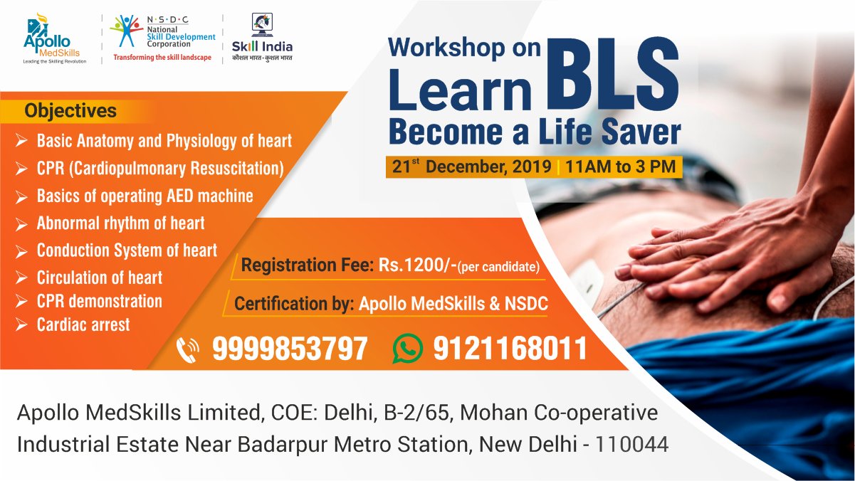 Apollo MedSkills on X: "Want to become the #FirstResponder? Attend  #Workshop on #BasicLifeSupport at #ApolloMedSkills Delhi Centre to learn  life-saving techniques useful during emergency. Time – 21st Dec'19 For more  details, visit -
